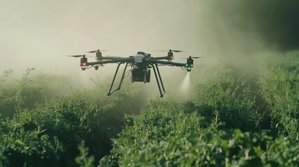 An industrial drone on green field. sprays useful pesticides to increase productivity and destroy harmful insects. increase productivity. Modern technologies in agriculture