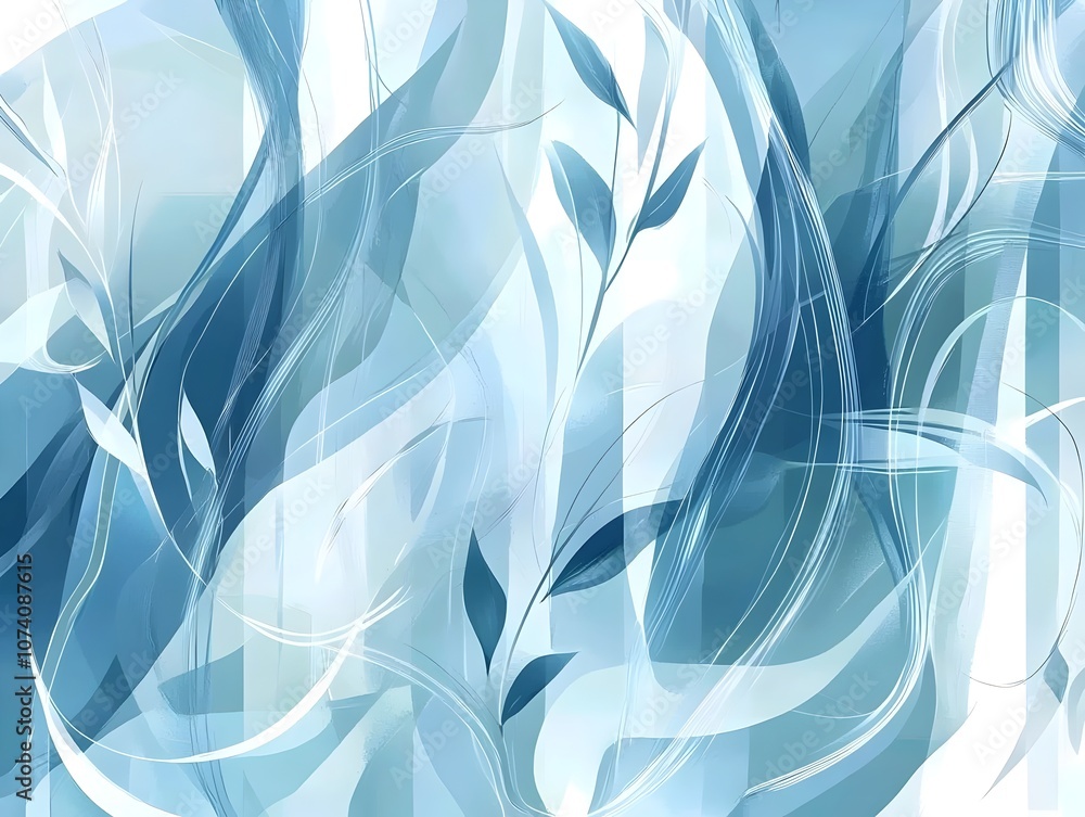 Poster an ethereal abstract composition featuring flowing blue and white waves intertwined with delicate le