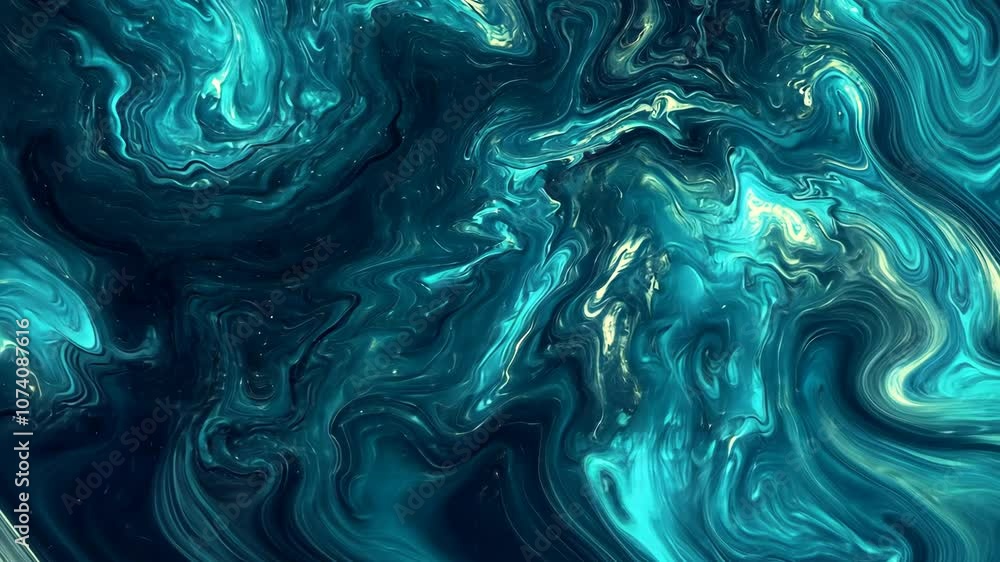 Poster abstract swirls of teal and blue paint create a mesmerizing pattern