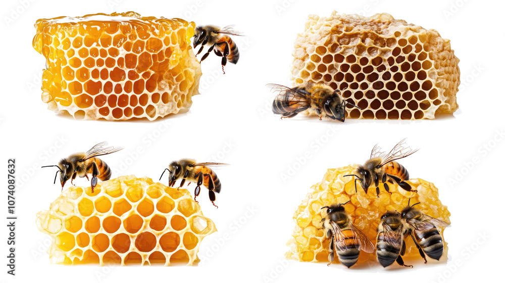 Poster collection of honeycomb and bees on a transparent background generative ai