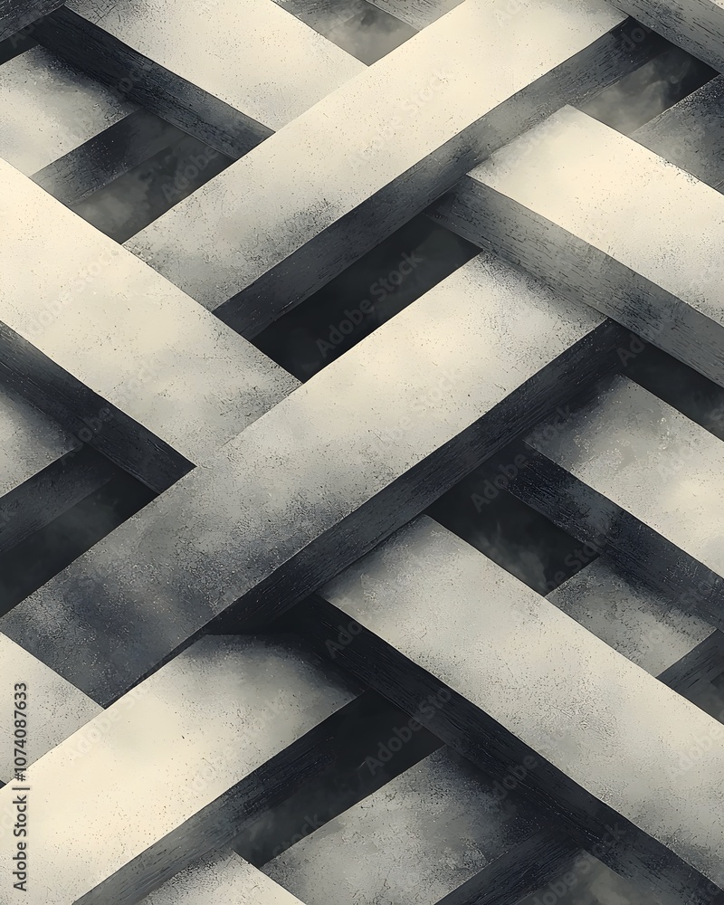 Poster An abstract pattern of intertwined gray and black beams creates a visually striking backdrop, evoking a sense of depth and texture in a minimalist aesthetic.