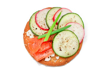 Crispy Cracker Sandwich with Salmon, Cucumber, Radish, Cottage Cheese and Green Onions - Isolated on White. Easy Breakfast. Quick and Healthy Sandwiches. Crispbread with Tasty Filling - Isolation