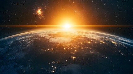 Stunning sunrise over Earth viewed from space, illuminating the planet's surface.