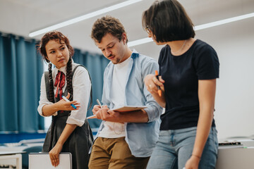 A diverse group of students engaged in a collaborative study session in a modern school environment. They are working together, taking notes, and discussing ideas with focused expressions.