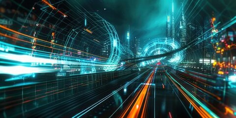 Futuristic cityscape with neon light trails, dynamic urban nightscape photography, high-speed motion capture in modern metropolis.