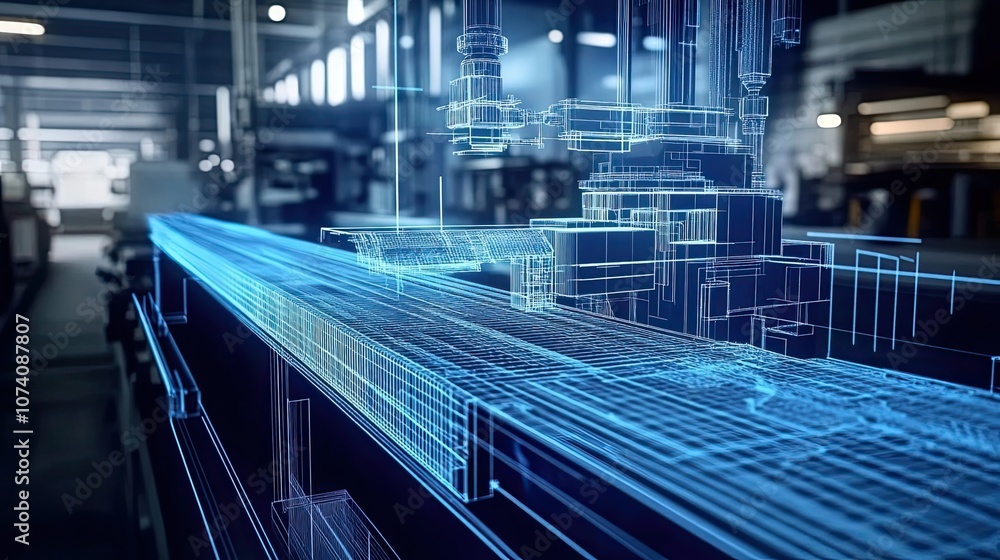 Poster wireframe 3d model of a complex machine in an industrial setting