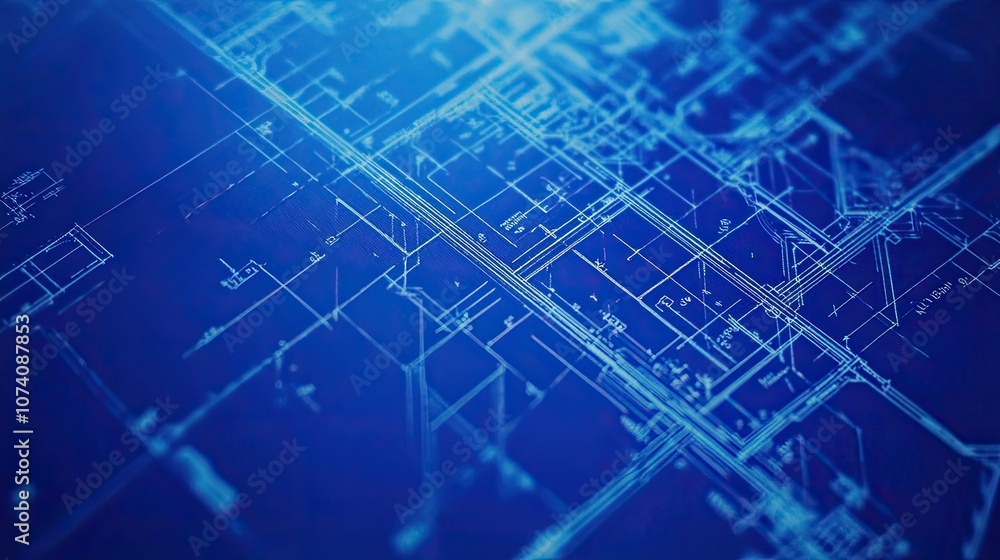 Poster close-up of a blueprint with white lines on a deep blue background
