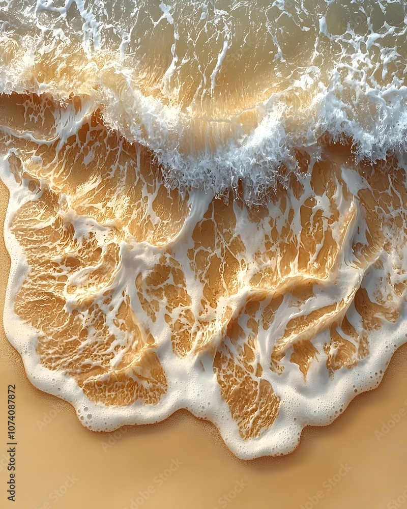 Poster aerial view of crashing ocean waves on a sandy beach, showcasing the mesmerizing patterns and textur