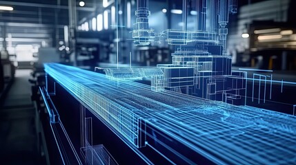 Wireframe 3D Model of a Complex Machine in an Industrial Setting