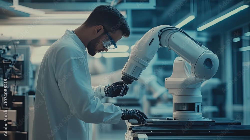 Poster a man in a lab coat works with a robotic arm in a factory setting