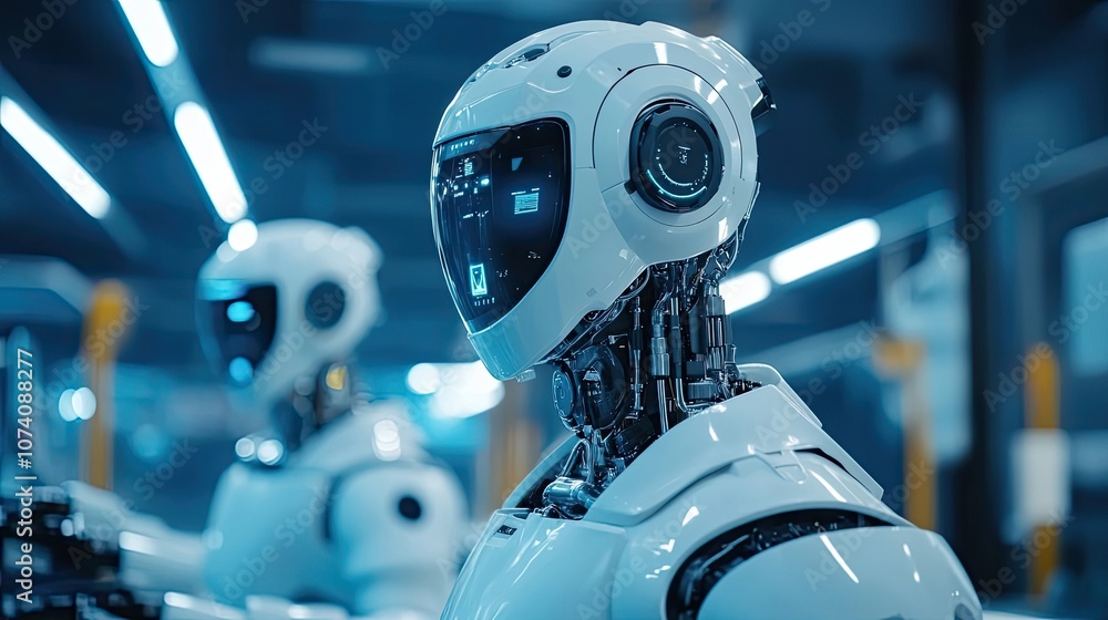 Poster closeup of a white robot's head with visible internal mechanisms
