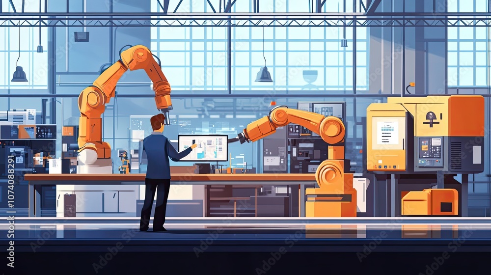 Poster a man interacting with industrial robots in a factory setting