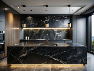 Elegant Double Exposure Photography of an Empty Marble Black Countertop against a Black Wall, Capturing the Essence of Minimalism and Sophistication in Interior Design