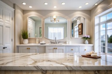 Elegant Empty Marble Top Table in a Blurred Bathroom Interior for Product Display, Showcasing Minimalist Design and Space Utilization in a Contemporary Setting