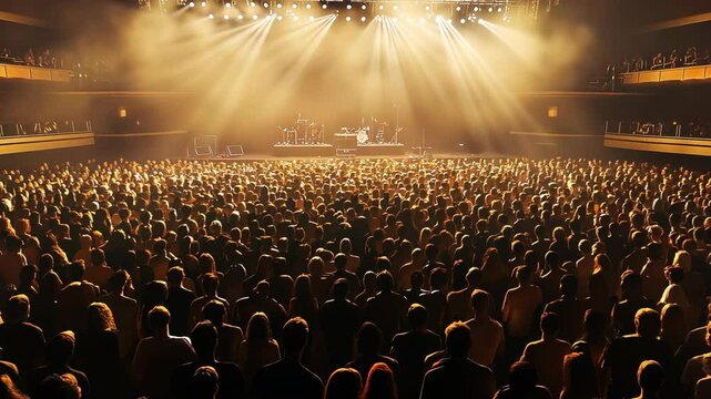 A large crowd of people are watching a performance at a concert venue