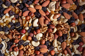 Mixed Nuts: Almonds, Walnuts, Cashews, Peanuts, Hazelnuts, Dried Prunes and Raisins. Different Nut Mix. Background from Various Nuts and Dried Fruits