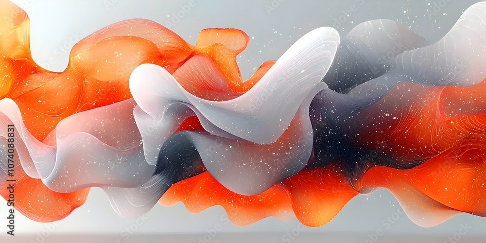 Poster an abstract display featuring swirling waves in vibrant orange, white, and gray tones, creating a se