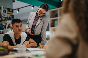 Students engage in collaborative work on a school project, showcasing teamwork and learning in a...