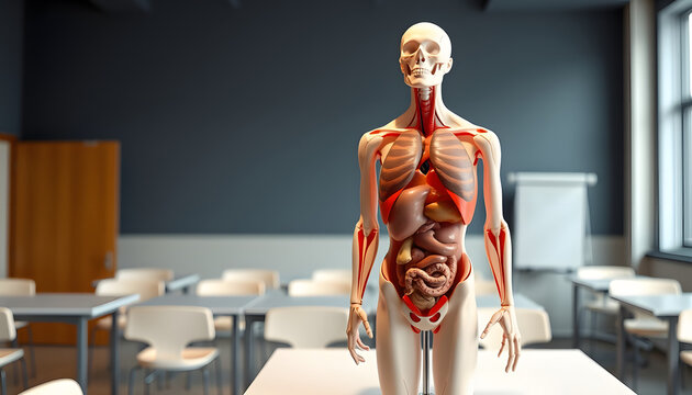 human torso with organs artificial model in medical student classroom on white background with copy space, inside body anatomy for study education isolated with white highlights, png