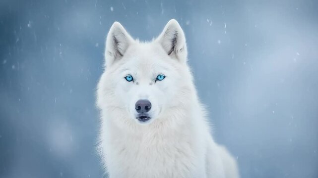 Beautiful wild white arctic wolf in cold snowy winter forest. Wolf pack in hunt. Wild hunter, dangerous animal in nature habitat. Wildlife scene