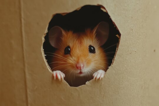A curious hamster emerges from a cardboard opening Surprised rodent s face Close up Blank area A red mouse in paper