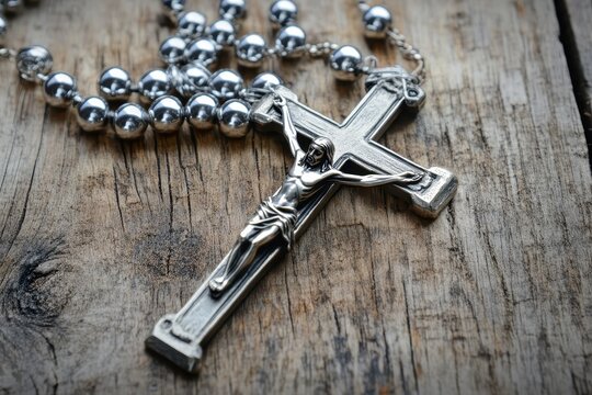 A crucifix and rosary on aged wooden surface