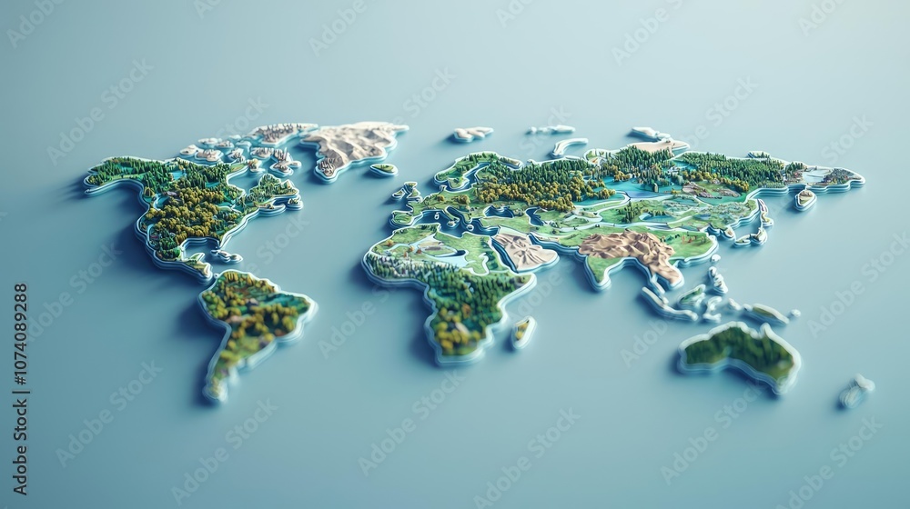 Poster 3d render of a colorful world map on a smooth surface, white isolated background.