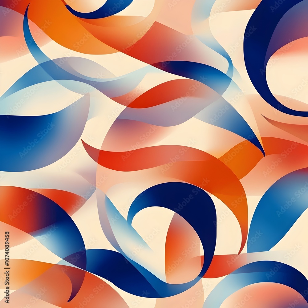 Poster an abstract design featuring flowing shapes in shades of blue, red, and soft peach tones, creating a