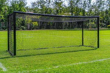 A detailed shot of a soccer net with vibrant grass and goalposts behind