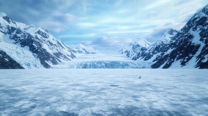 Majestic glacier surrounded by towering mountains under a dramatic sky.