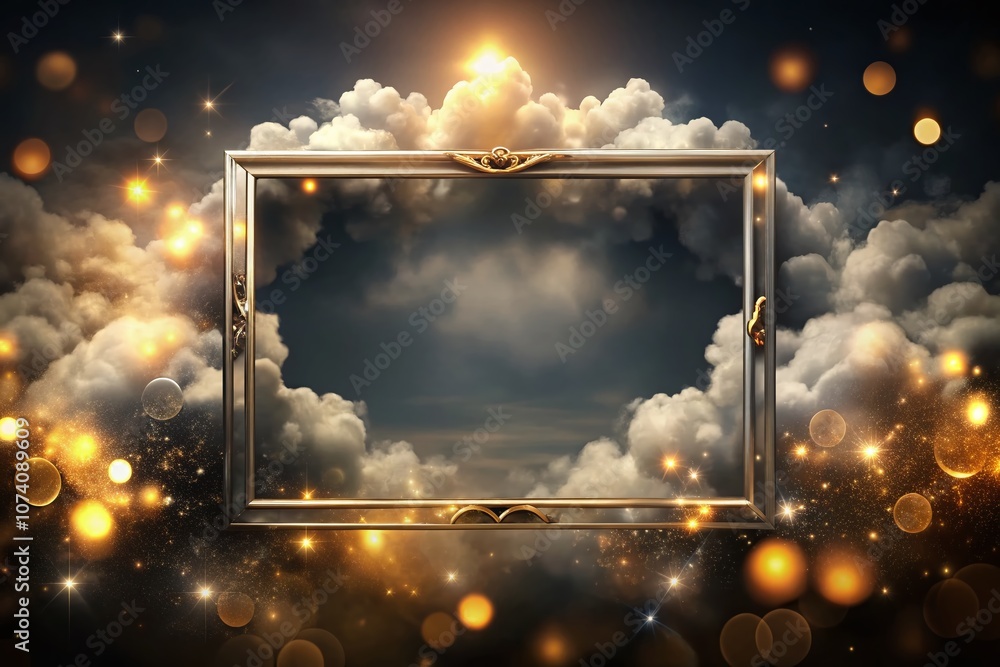 Aufkleber Elegant Modern Silver and Gold Text Frame Surrounded by Soft Clouds on a Black Background with Bokeh Effect for Sophisticated Design Projects and Luxury Branding