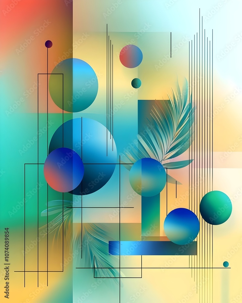 Poster an abstract composition featuring colorful geometric shapes, including blue and green circles, compl
