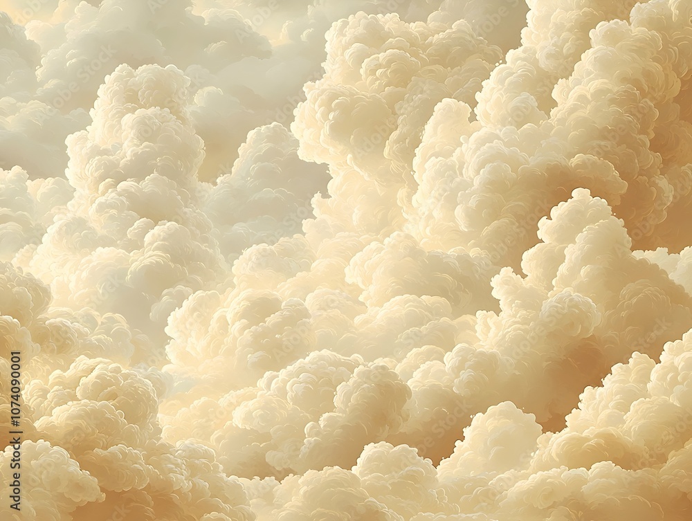 Poster a breathtaking view of billowing clouds in soft cream and beige tones, creating a serene and dreamy 