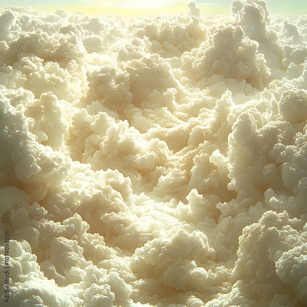 Poster a stunning view of ethereal cream-colored clouds, evoking a serene and dreamy atmosphere. the soft t