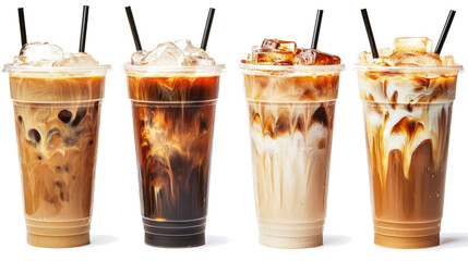 Four Refreshing Iced Coffee Drinks in Clear Cups on a White Background Generative AI