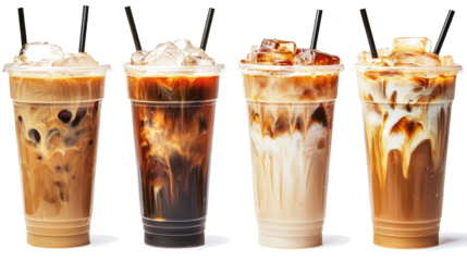Four Refreshing Iced Coffee Drinks in Clear Cups on a White Background Generative AI