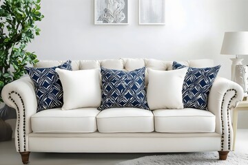 Set of Blue and White Decorative Pillows on a White Sofa