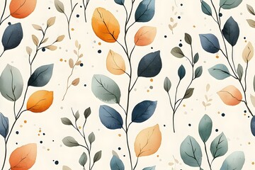 A vibrant pattern of botanical leaves in shades of green, orange, and blue on a soft cream background, creating a fresh and inviting atmosphere ideal for various designs.