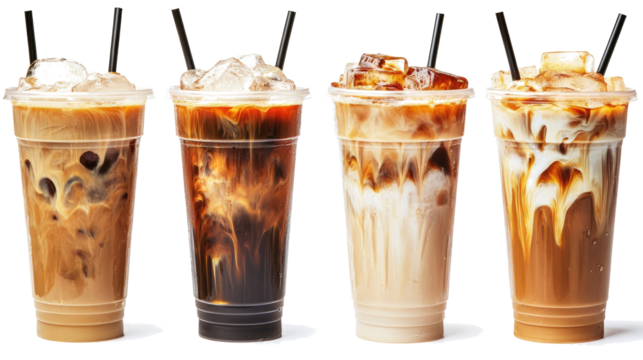 Four Refreshing Iced Coffee Drinks in Clear Cups on a White Background Generative AI