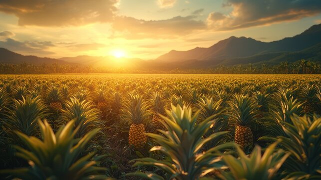 A vast pineapple field bathed in the warm glow of the setting sun, with mountains in the distance.