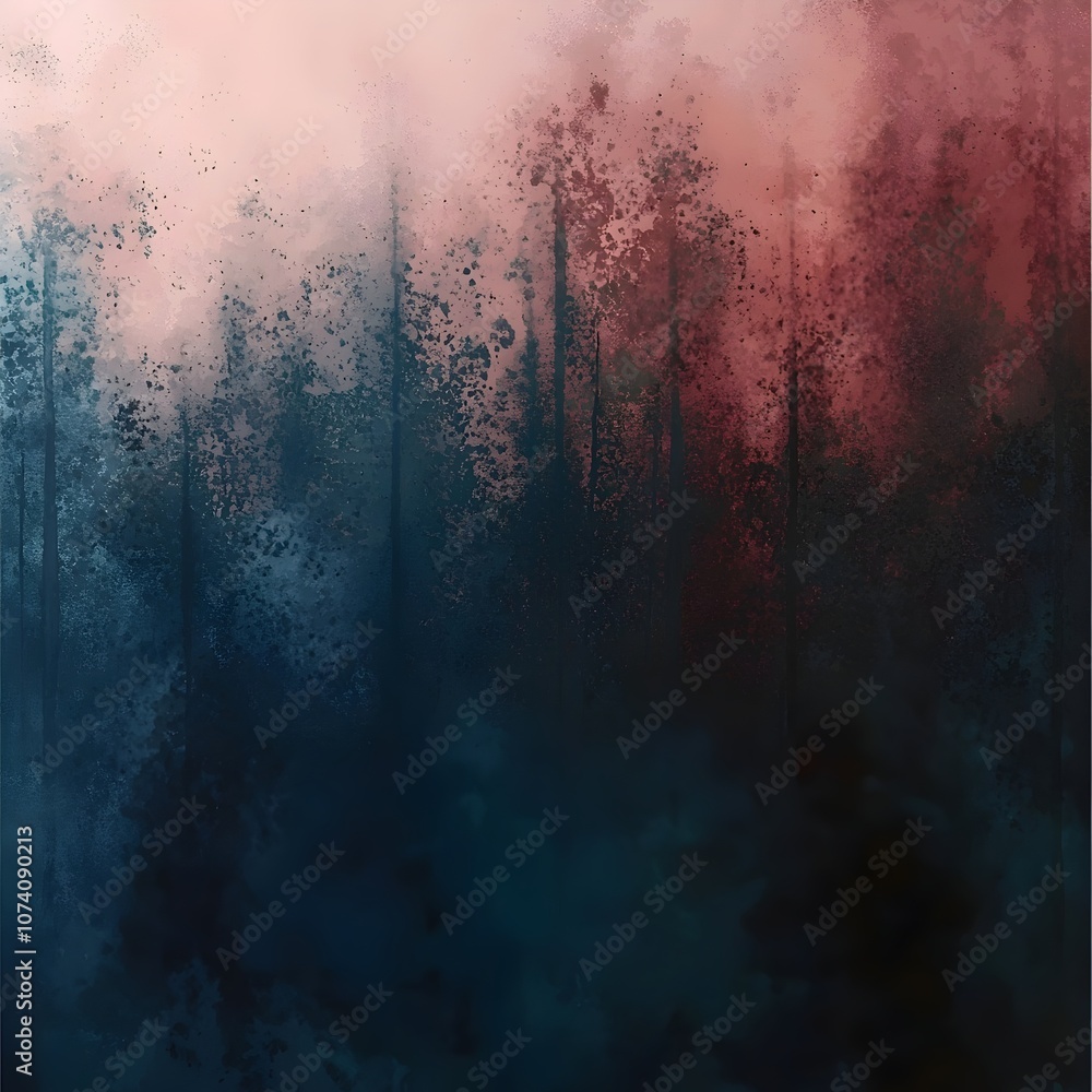 Poster an abstract artwork featuring a blend of dark blues, deep reds, and soft pinks, creating a moody and