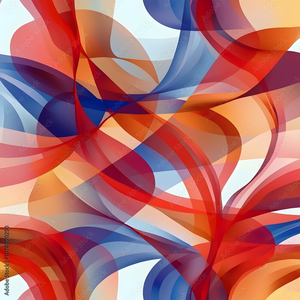 Poster an abstract composition featuring flowing swirls of red, blue, and orange hues, creating a vibrant a