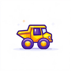 Naklejka premium A cartoonish yellow dump truck with purple wheels, set against a simple background, conveying a playful and cheerful vibe.