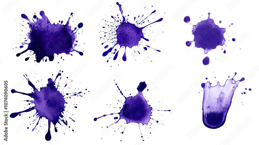Poster purple ink splashes and blots on clear background generative ai