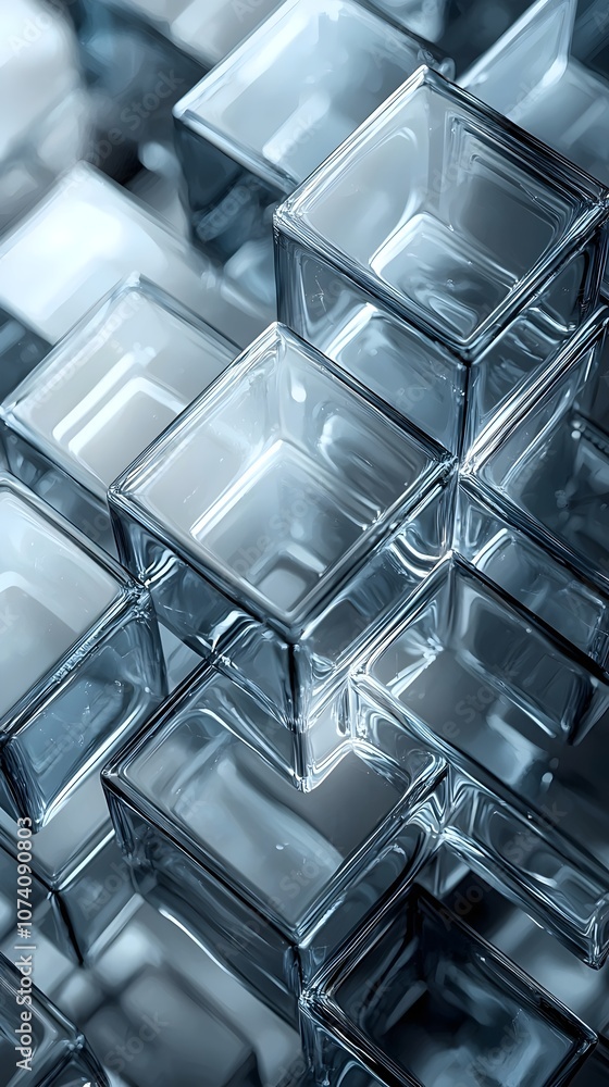Poster an artistic arrangement of transparent glass blocks in varying sizes, capturing light and reflection