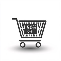 A black shopping cart icon featuring a "50% off" label, symbolizing discounts and sales in retail and online shopping.