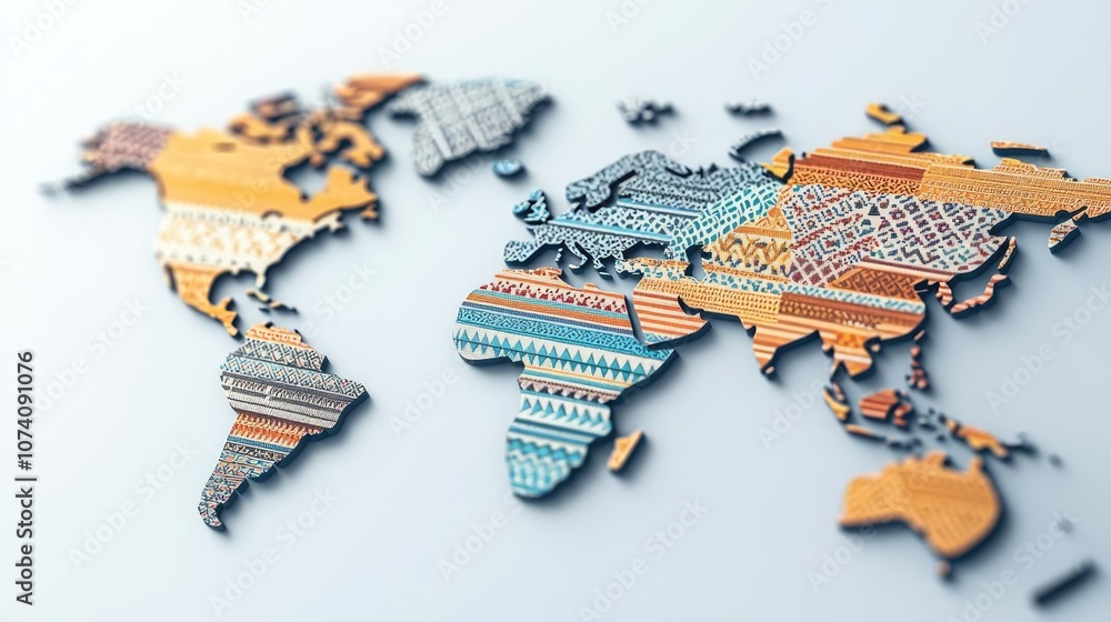 Poster colorful world map design with intricate patterns, isolated on white background.