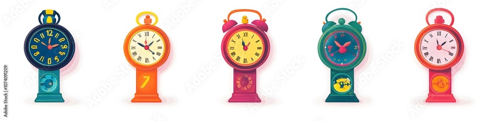 Poster Collection of mini New Year s countdown clocks in vibrant colors, each displaying unique clock designs, laid out on a seamless white background. Vector art, no shadows, 4k resolution, white background