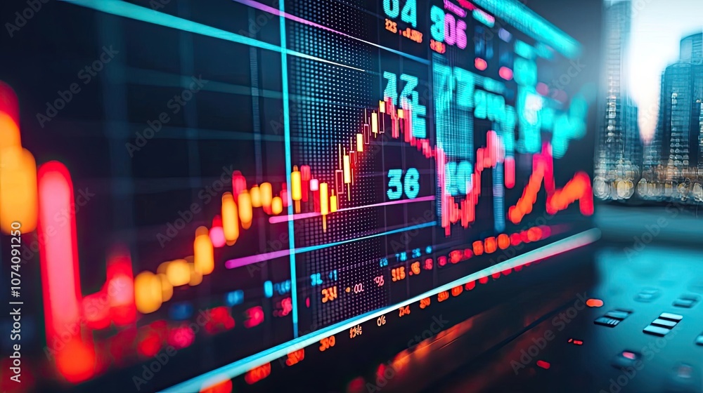 Poster colorful stock market chart with dynamic data visualization, white isolate background