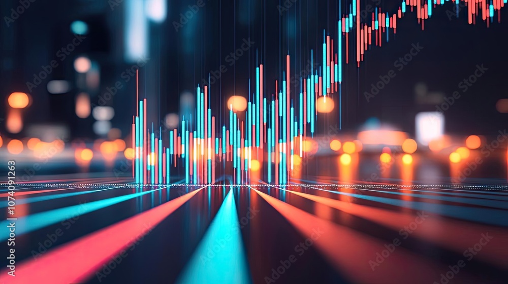 Poster abstract financial graph with glowing lines and bars on dark background.